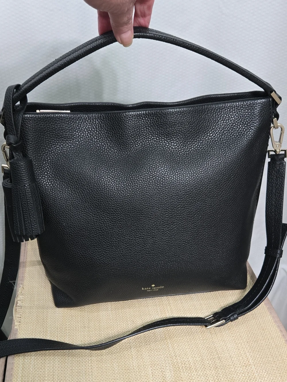 kate spade Black Pebbled Leather Hobo Shoulder Bag with Tassel